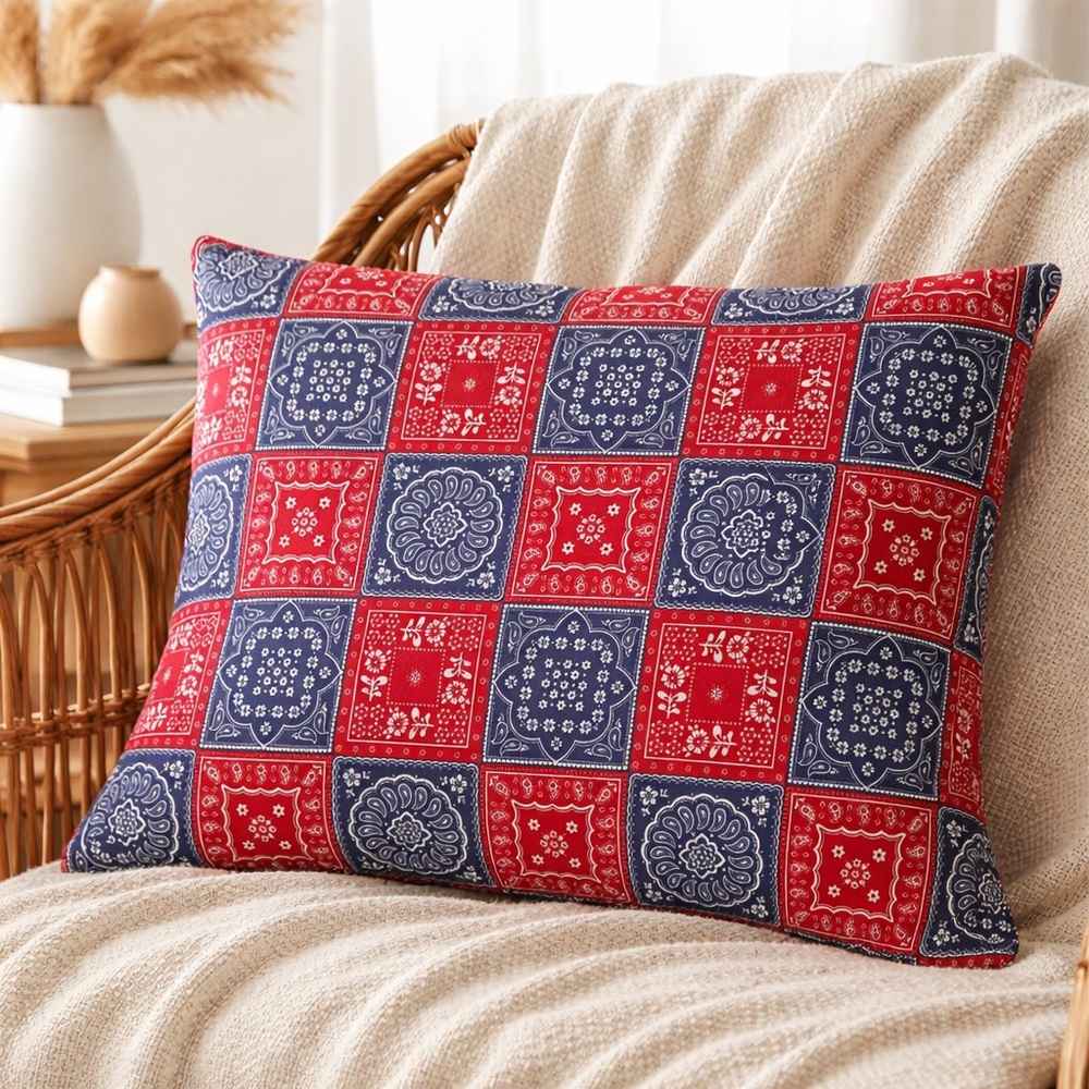 Patchwork Bandana Pillow Cover by San Diego Now Designs in Red White Blue 70s